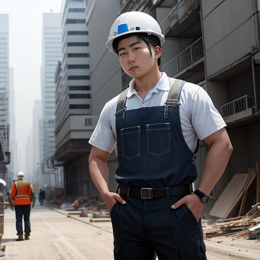 a man standing in front of a construction site with a helmet on his head and a construction worker standing behind him