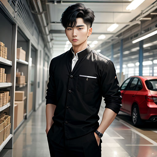 a man standing in a warehouse next to a red car and a red car on the other side of the room