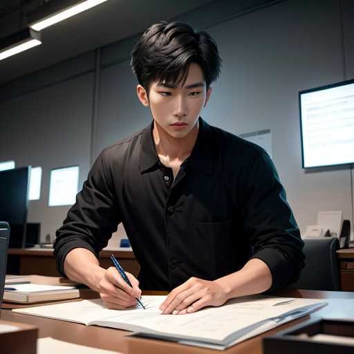 a man sitting at a desk writing on a piece of paper with a pen in his hand and a monitor in the background