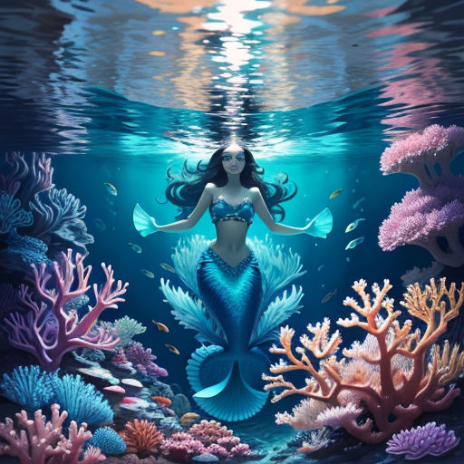 a mermaid with long hair and a blue dress is swimming in the ocean with corals and other corals