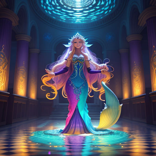 a woman in a mermaid costume standing in a room with a blue light and a blue ceiling and a blue light