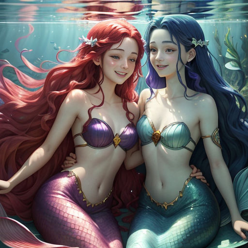 two mermaids are sitting on a rock in the water together, one is wearing a bikini and the other is wearing a bikini