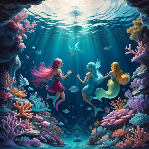 two mermaids swimming in the ocean with a light shining on them and a fish swimming in the water