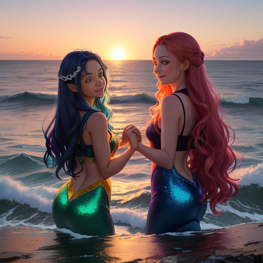 two mermaids standing in the ocean with the sun setting behind them and one of them is holding her hands