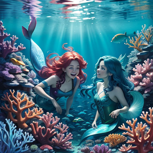two mermaids are sitting on the bottom of a sea bed with corals and fish in the water