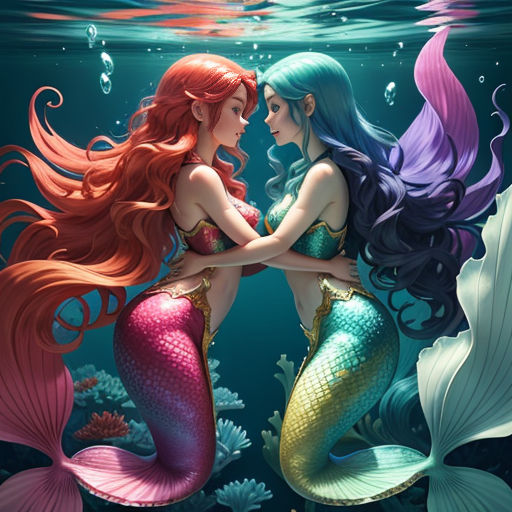 two mermaids are hugging under the water in a painting style photo print on canvas or paper, wall hanging, or canvas