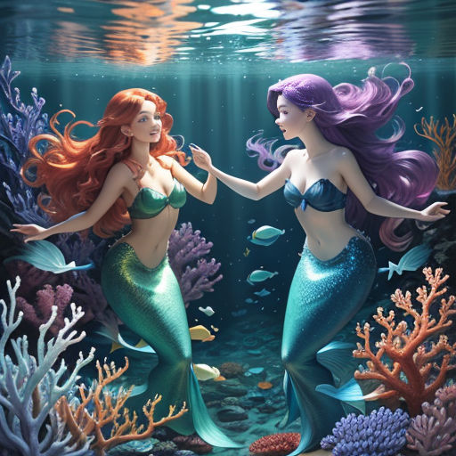 two mermaids are standing in the water together, with their tails touching each other's hands and looking at each other