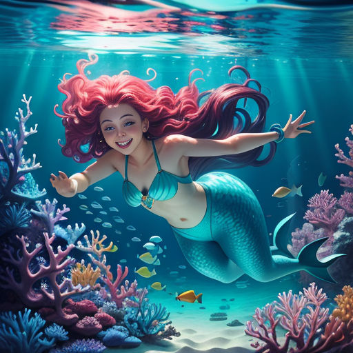 a mermaid with red hair swimming in the ocean with corals and fish around her neck and smiling at the camera