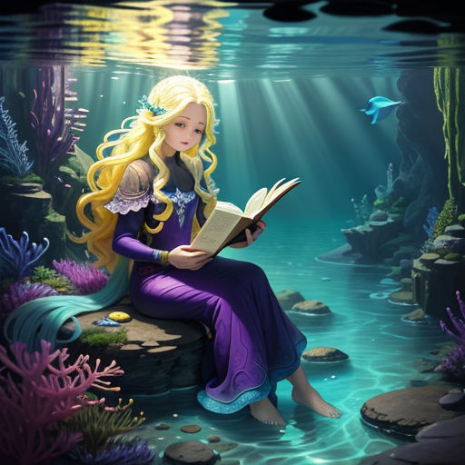 a girl is sitting on a rock reading a book under the water with a dolphin in the background photo