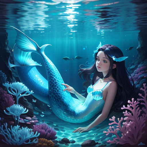 a mermaid with a blue tail sitting on the ocean floor under water with corals and fish around her