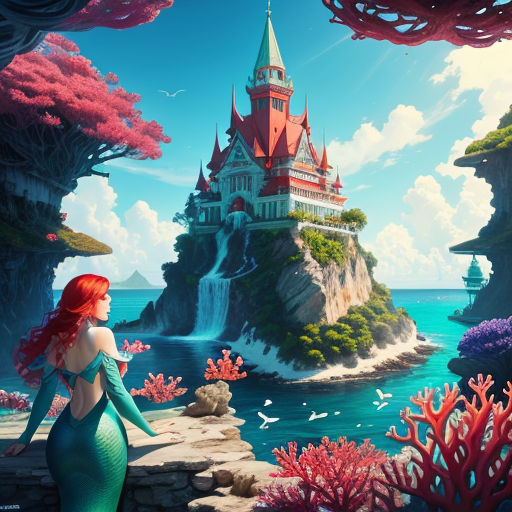 a beautiful red haired mermaid standing on a cliff overlooking a castle with a waterfall and corals in the foreground