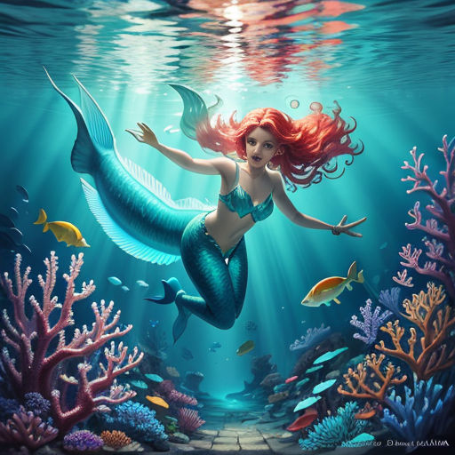 a mermaid with red hair swimming in the ocean with corals and fish around her feet and a brick path leading to the bottom