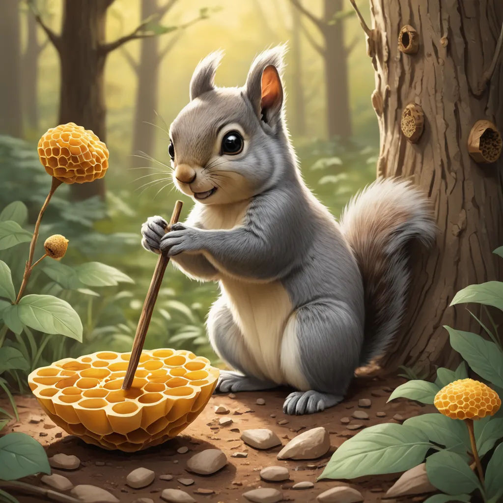 a squirrel is sitting on a rock and holding a stick in his hand and looking at a honeycomb, fantasy art, a digital painting, Chris LaBrooy, trending on art station