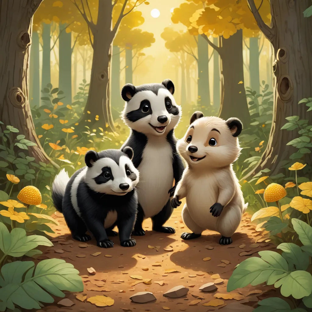a group of pandas standing in a forest with leaves and flowers around them, with a sun shining through the trees, sots art, a storybook illustration, Chris LaBrooy, official art