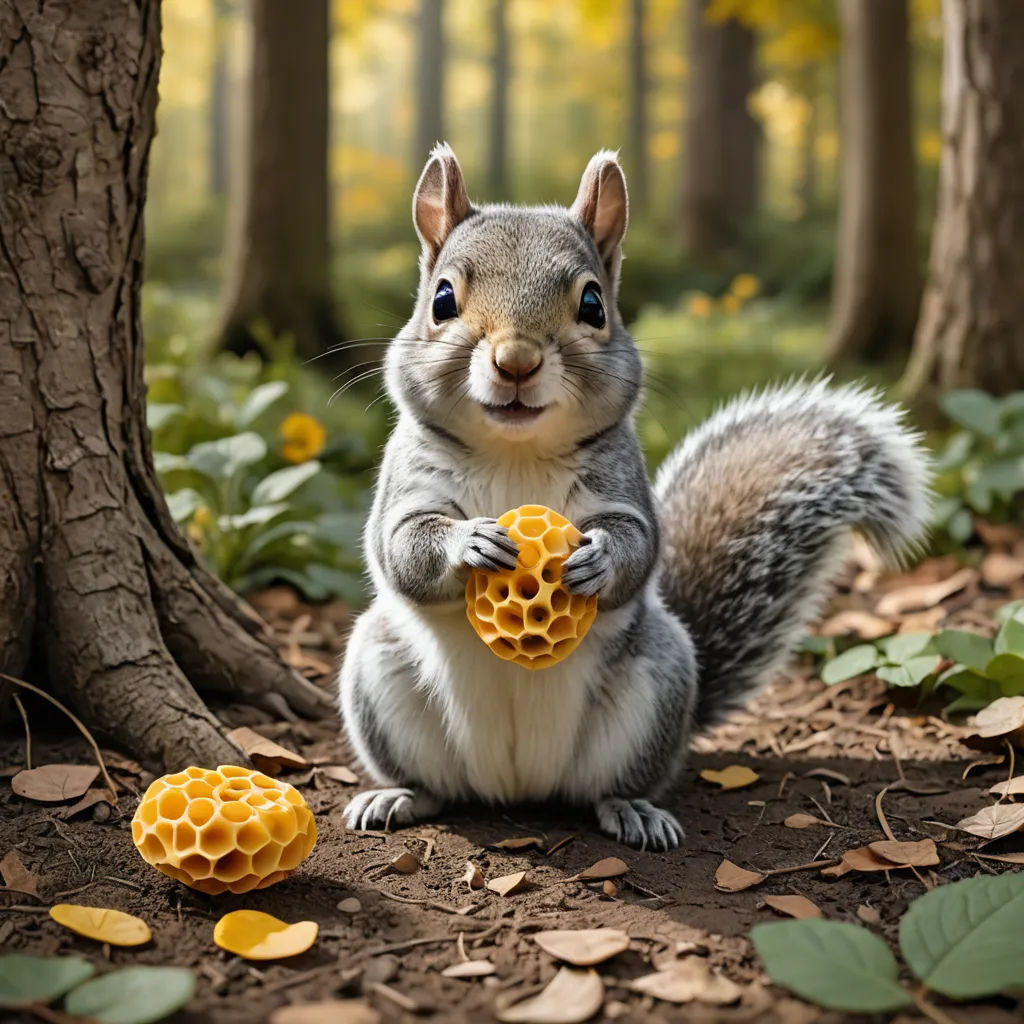 a squirrel holding a honeycomb in its paws in the woods with a tree in the background and leaves on the ground, art photography, a digital rendering, Chris LaBrooy, award-winning photograph