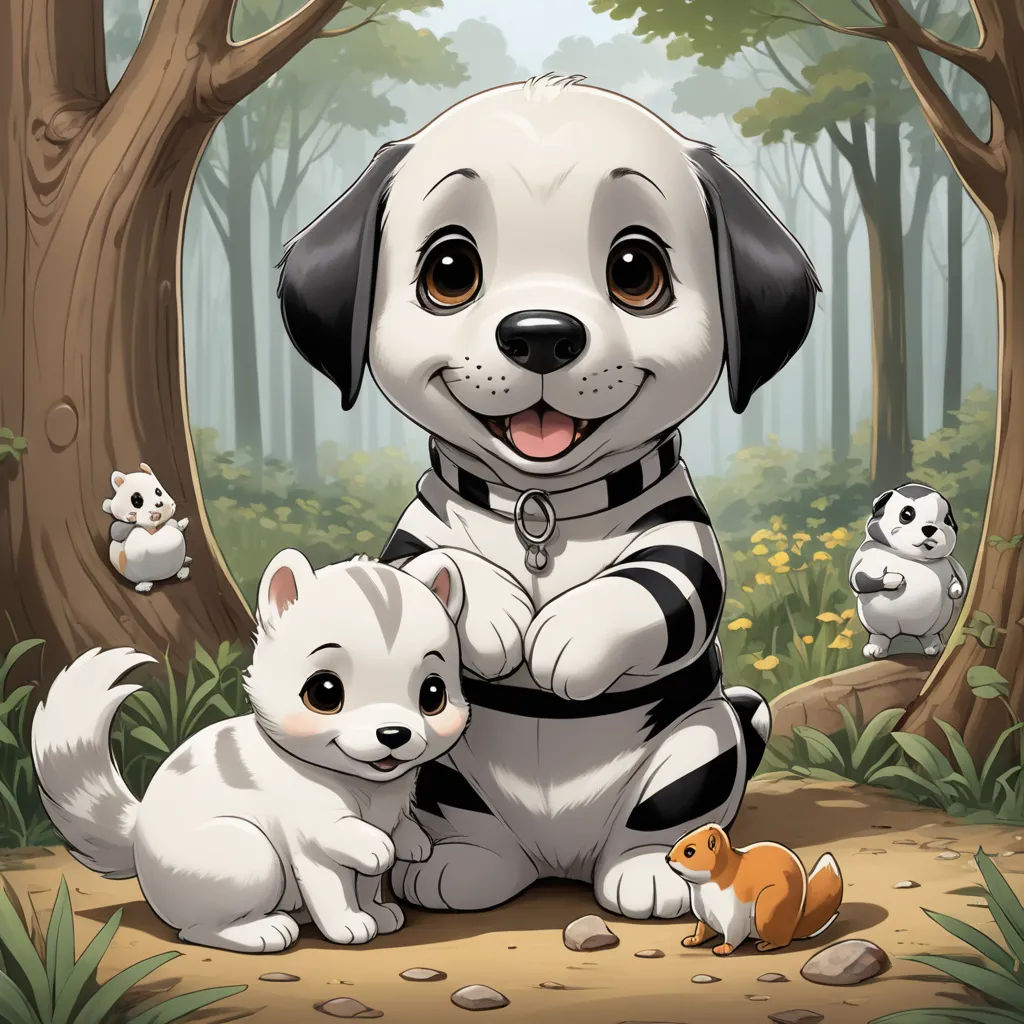 a dog and a kitten sitting in the woods together, surrounded by trees and flowers, with a forest background, furry art, a storybook illustration, Daphne McClure, official art