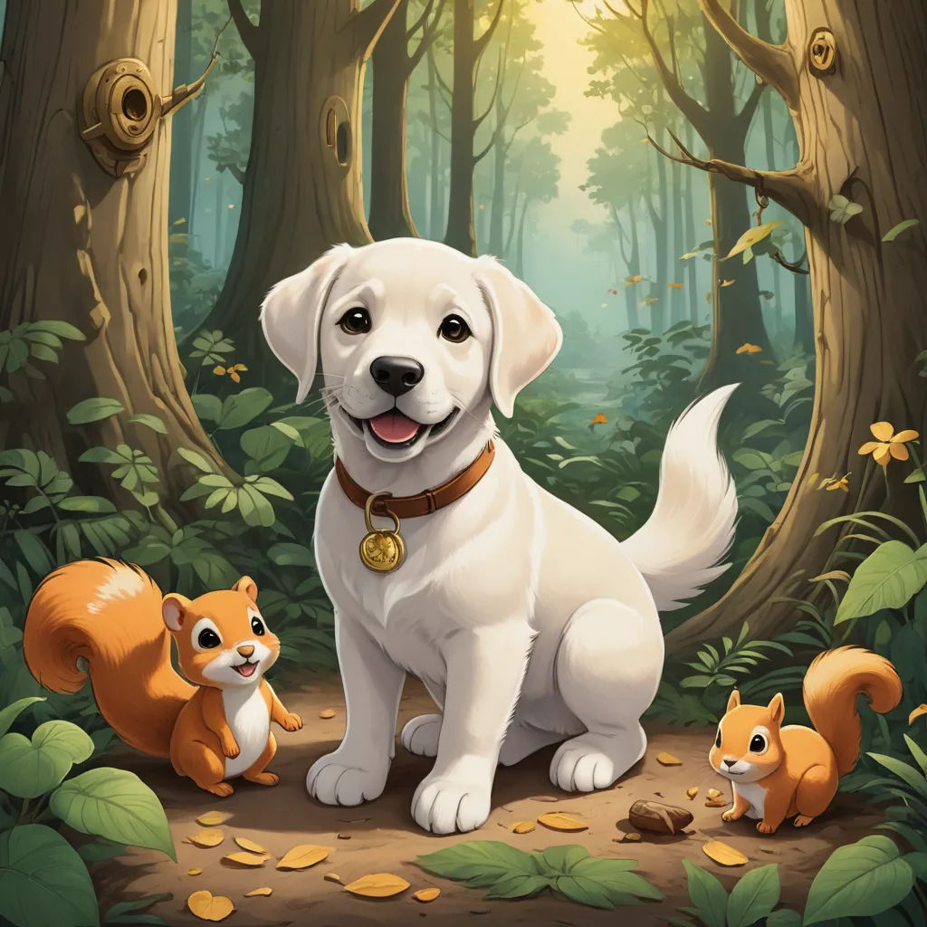 a dog and two squirrels in a forest with a sunbeam in the background and a forest scene with trees and leaves, sots art, a storybook illustration, Chris LaBrooy, key art