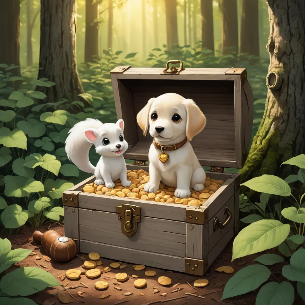 a dog and a cat are sitting in a chest of gold coins in a forest with a dog on the chest, furry art, a storybook illustration, Daphne McClure, highly detailed digital painting