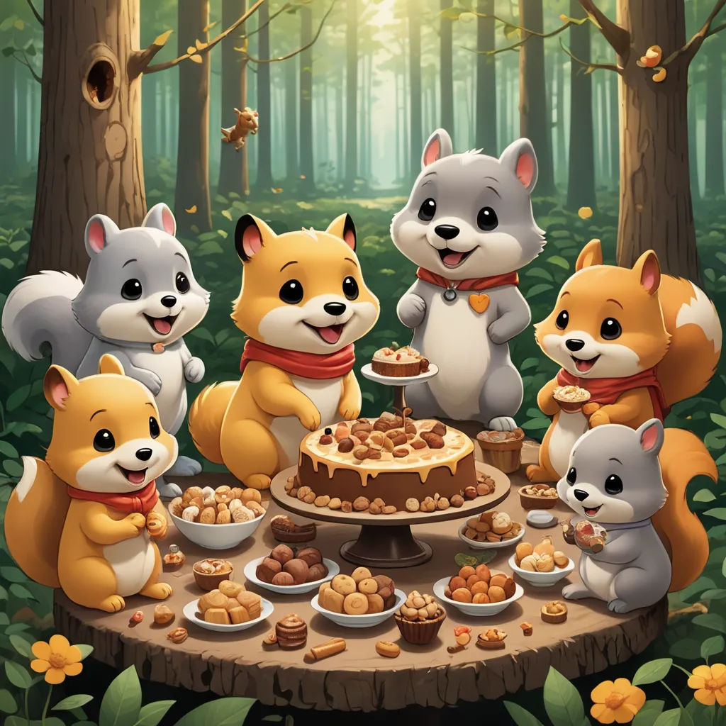 a group of animals standing around a table with food on it in the woods with trees and flowers in the background, sots art, a storybook illustration, Chippy, key art