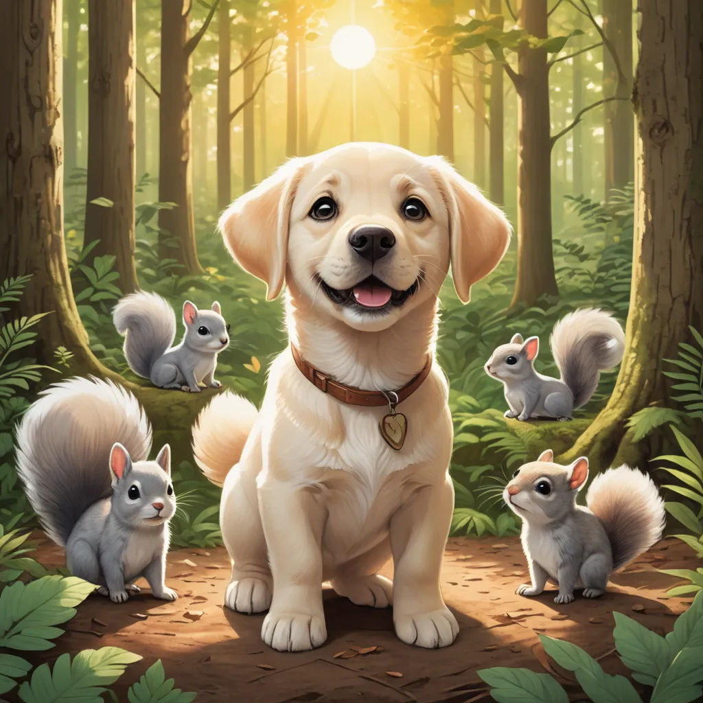 a dog is sitting in the woods with a group of squirrels around him and smiling at the camera with a sun shining through the trees, furry art, a storybook illustration, Chris LaBrooy, key art