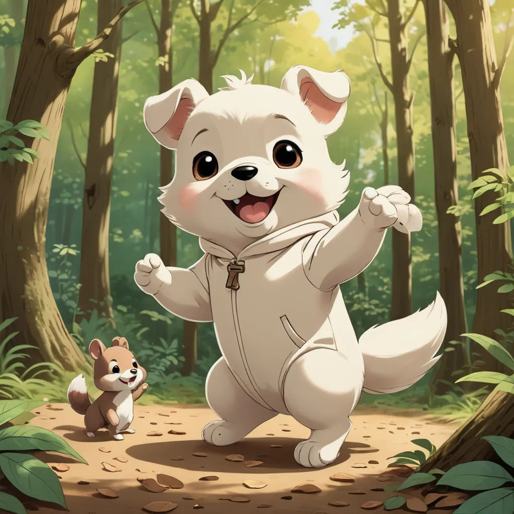 a cartoon dog is running in the woods with a squirrel nearby and a forest background with trees and leaves, sots art, concept art, Du Jin, official art
