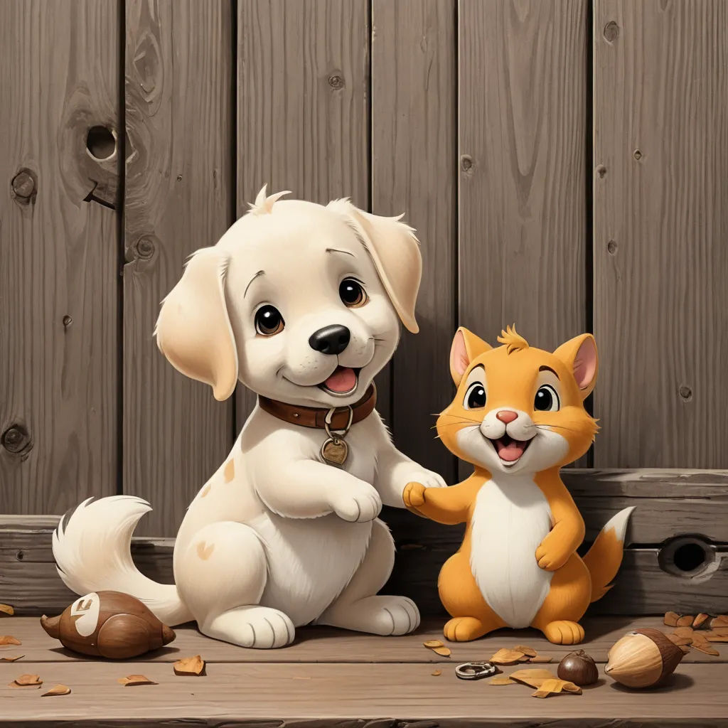 a dog and a cat sitting on a wooden surface with nuts scattered around them and a wooden fence behind them, furry art, a digital painting, David Martin, highly detailed digital painting