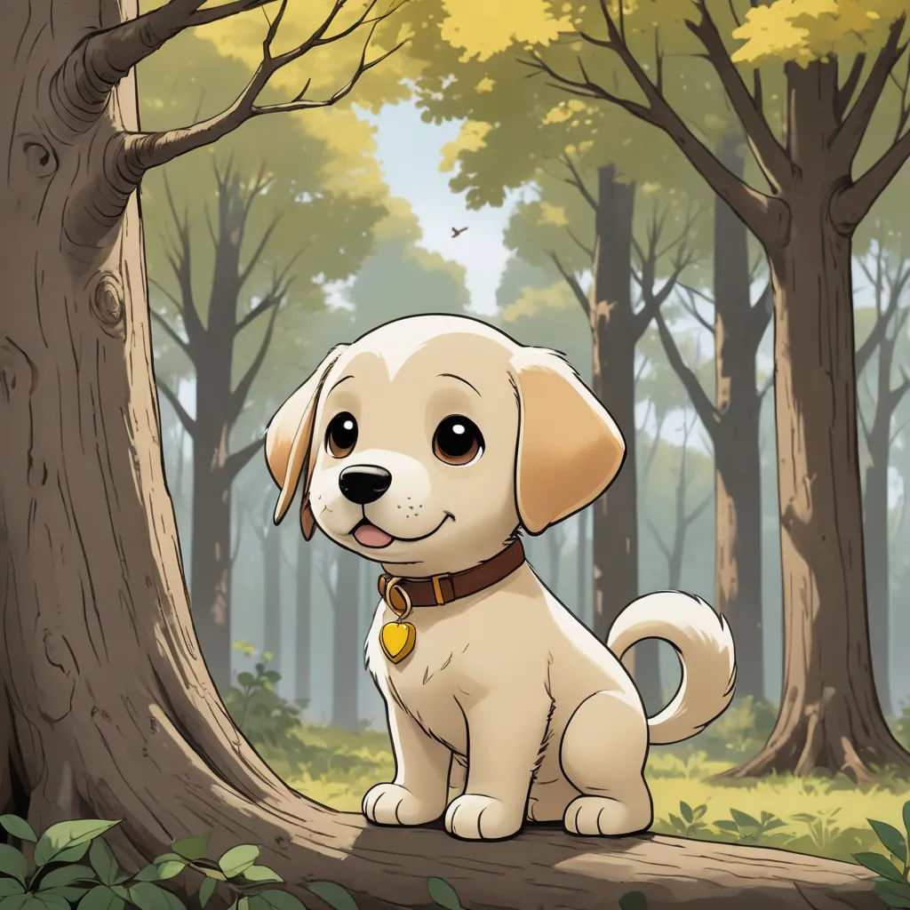 a cartoon dog sitting in the woods with a tree in the background and a forest scene with a dog, sots art, a comic book panel, David Brewster, official art