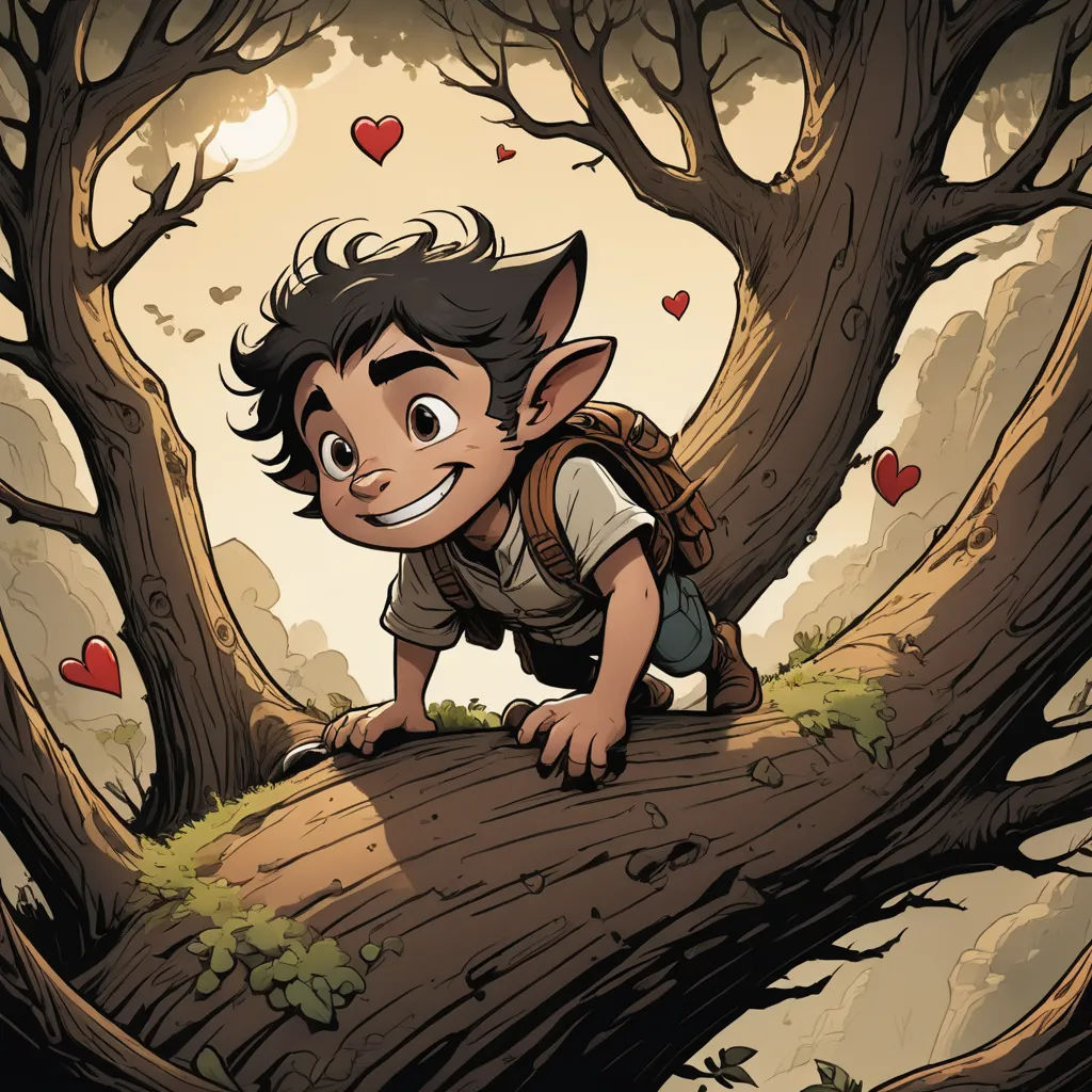 a cartoon character climbing a tree branch with hearts in the background and a heart - shaped tree in the foreground, fantasy art, a storybook illustration, Cliff Childs, comic cover art
