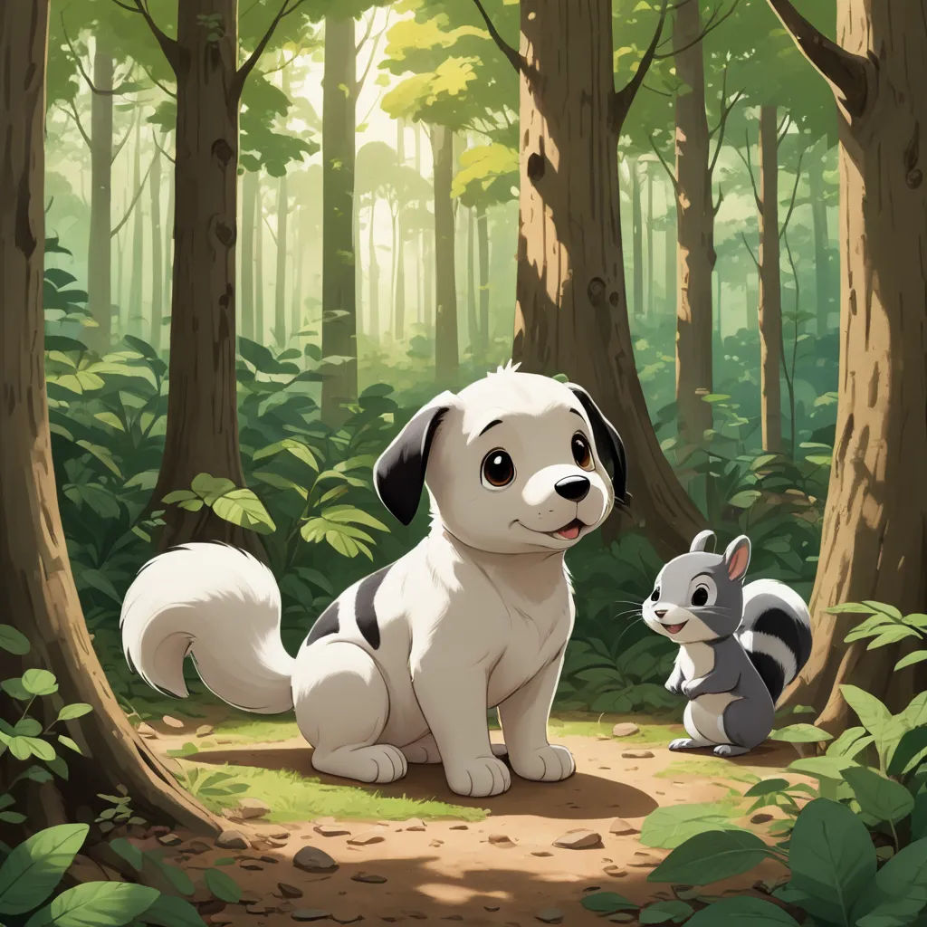 a dog and a squirrel in a forest with trees and leaves on the ground and a forest background with trees and leaves, furry art, a storybook illustration, Chippy, official art