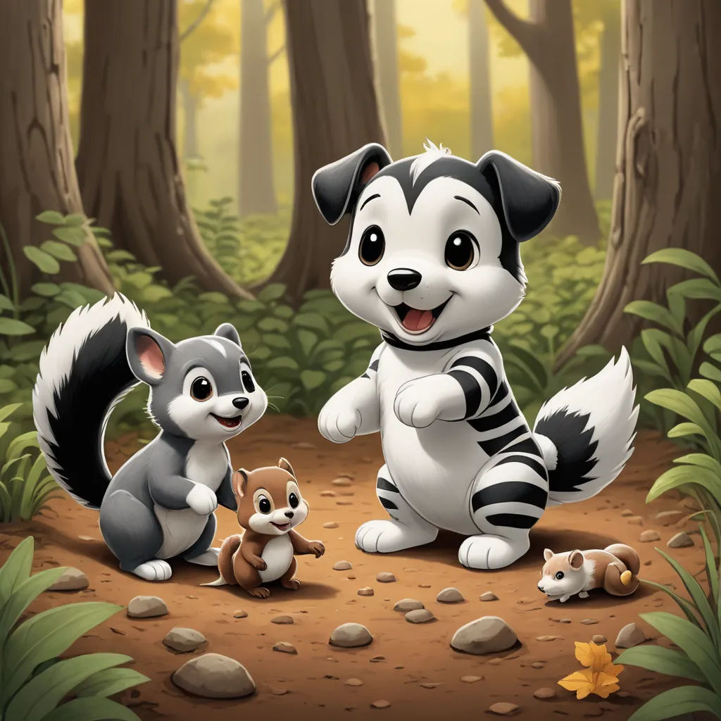 a cartoon of a dog and a cat in the woods with a baby squirrel in front of them and a forest background, sots art, a storybook illustration, Chippy, key art