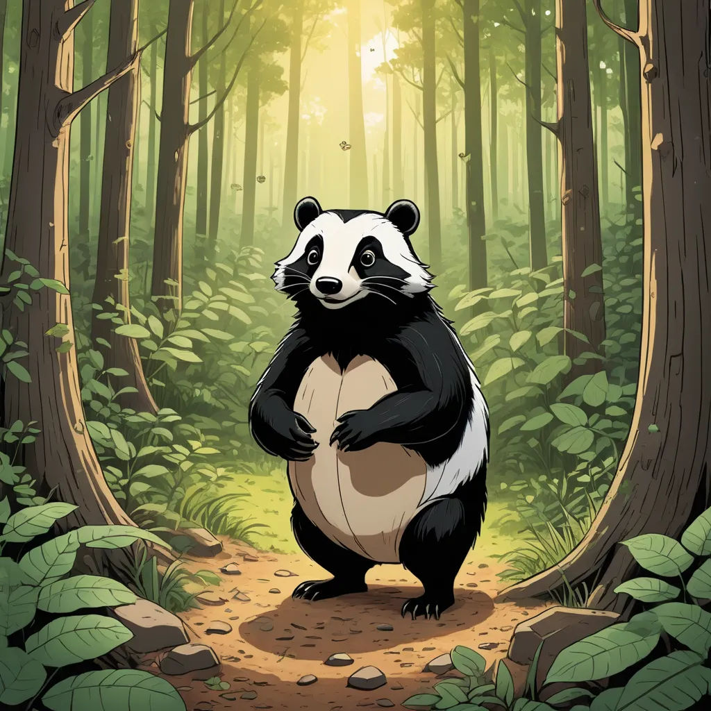 a panda bear standing in the middle of a forest with a sunbeam in the background and a path leading to it, rayonism, a character portrait, Brom, official art