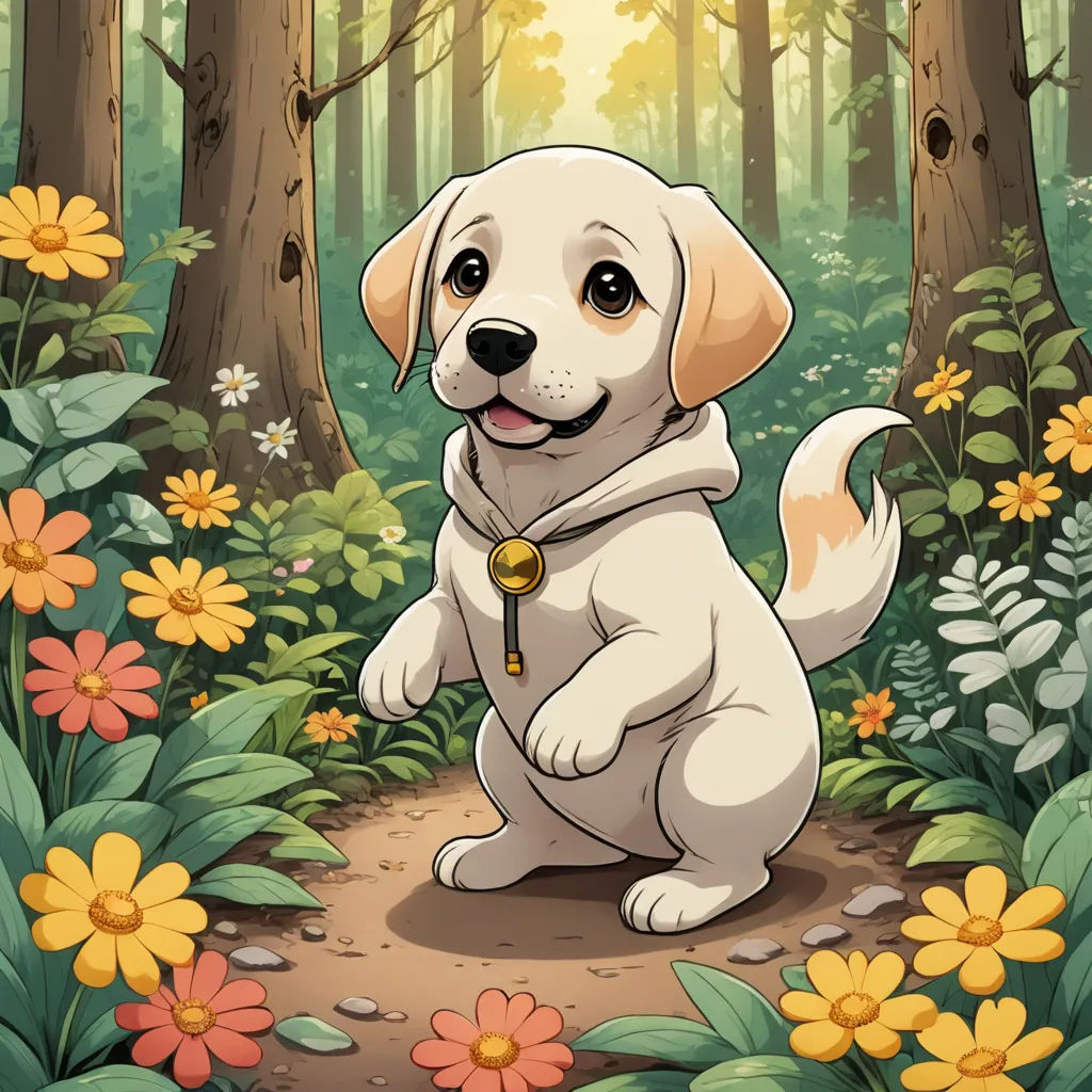 a dog sitting in the middle of a forest with flowers around it and a bell around its neck, with a forest background, sots art, a character portrait, David Brewster, official art