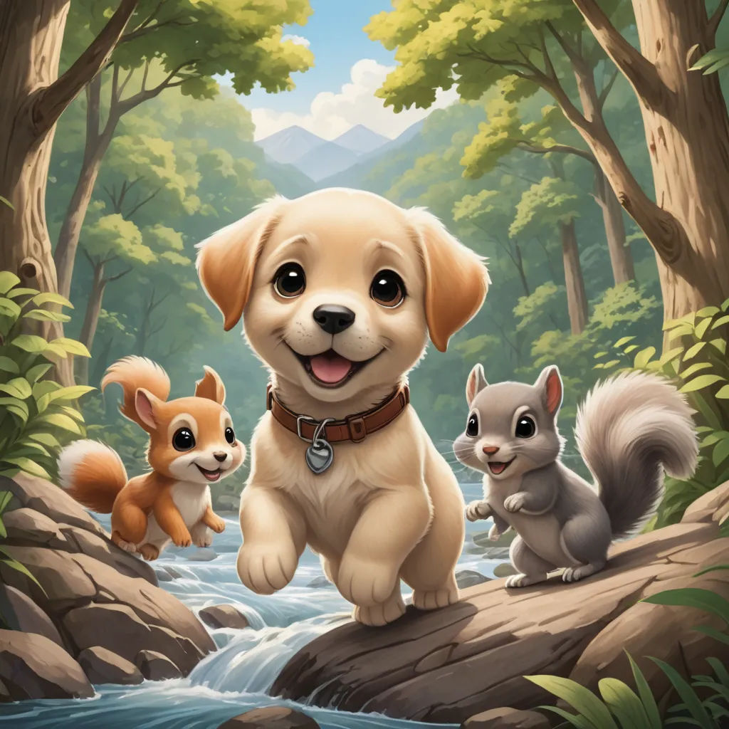 a dog and two squirrels are sitting on a rock in the woods by a stream of water and trees, sots art, a storybook illustration, Chris LaBrooy, key art