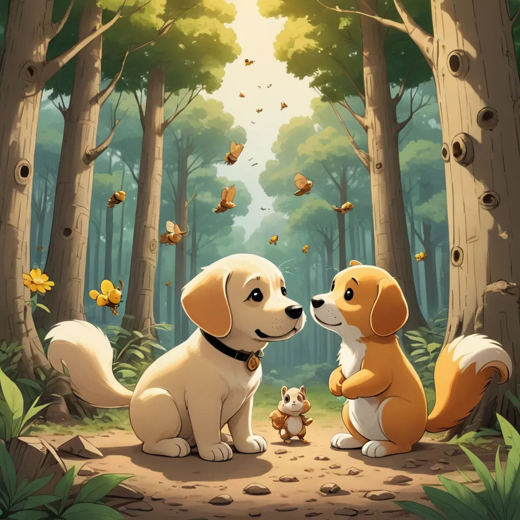 a couple of dogs sitting next to each other in a forest with butterflies flying overhead and a dog looking at the dog, furry art, a storybook illustration, Chris LaBrooy, official art