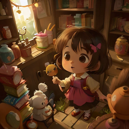 a little girl standing in a room with a teddy bear and other toys in it's corner and a window