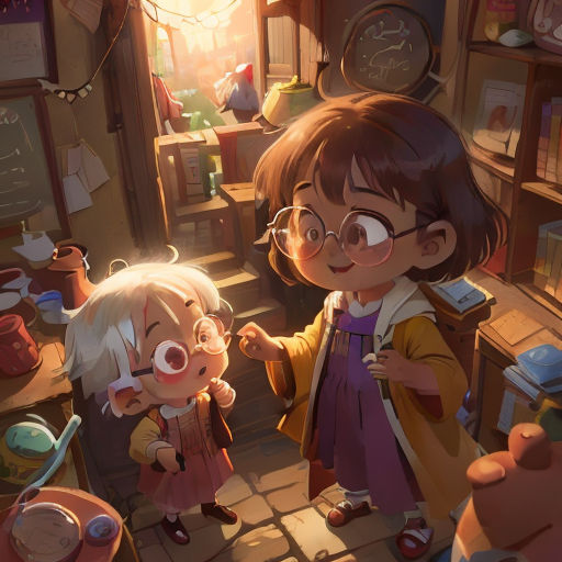 a little girl and a little boy standing in a room with a clock on the wall and a shelf full of books
