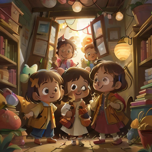 a group of children standing in a room with bookshelves and a window in the background with a light coming through