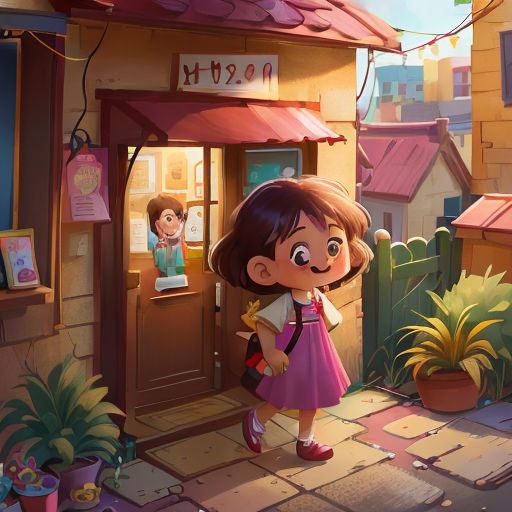 a girl is standing outside of a small building with a sign on it that says hello kitty on the door
