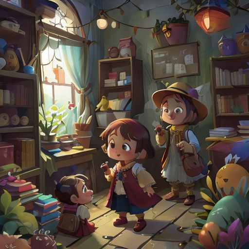 a little girl and boy are standing in a room with books and plants on the walls and a window
