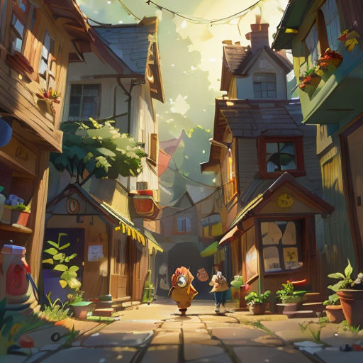 a cartoon scene of a town with a couple walking down the street in front of a building with a sky background
