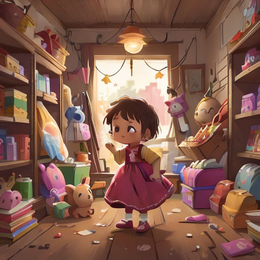 a little girl standing in a room full of toys and books on shelves and a window with a view of a room full of toys