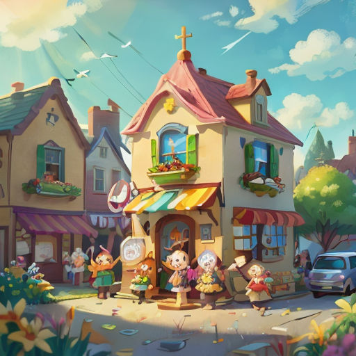 a painting of a small town with a lot of people and animals in front of it and a car parked in front of it
