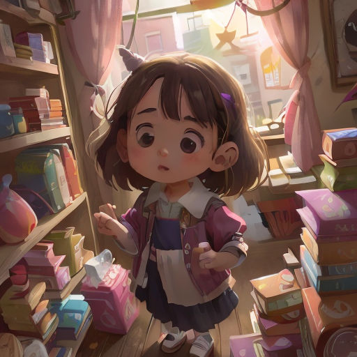 a little girl standing in a room filled with books and boxes of books and toys on the floor and a window
