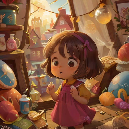 a little girl standing in front of a window with a teddy bear in the background and a doll in the foreground