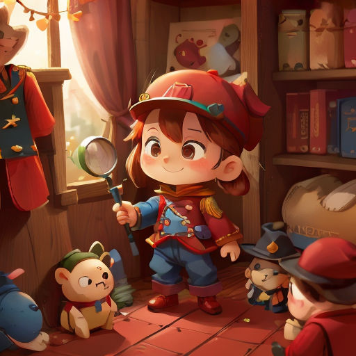 a cartoon of a girl looking through a magnifying glass in a room with other children and a bear