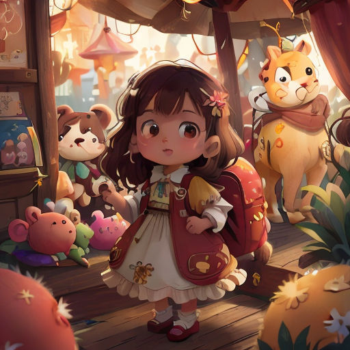 a little girl standing in front of a bunch of stuffed animals in a room with a cat on the wall
