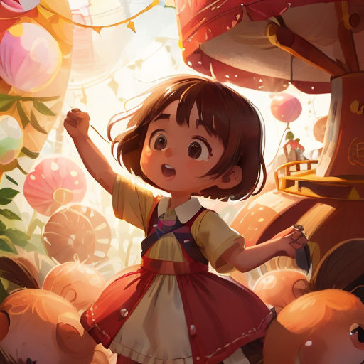 a little girl standing in front of a bunch of stuffed animals in a forest with a sky background and a red umbrella