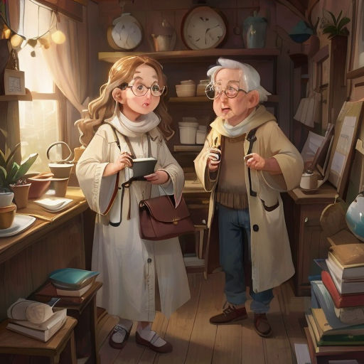 a painting of two people in a room with books and a clock on the wall behind them, one holding a tablet