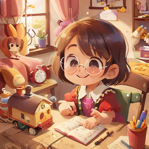 a girl sitting at a desk with a book and a toy train in front of her and a teddy bear