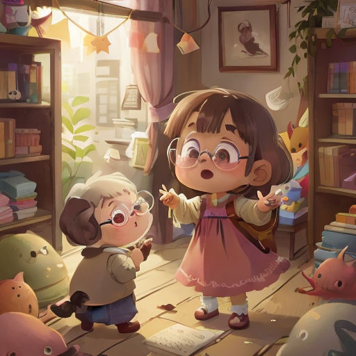 a little girl standing next to a little boy in a room filled with toys and books on a shelf